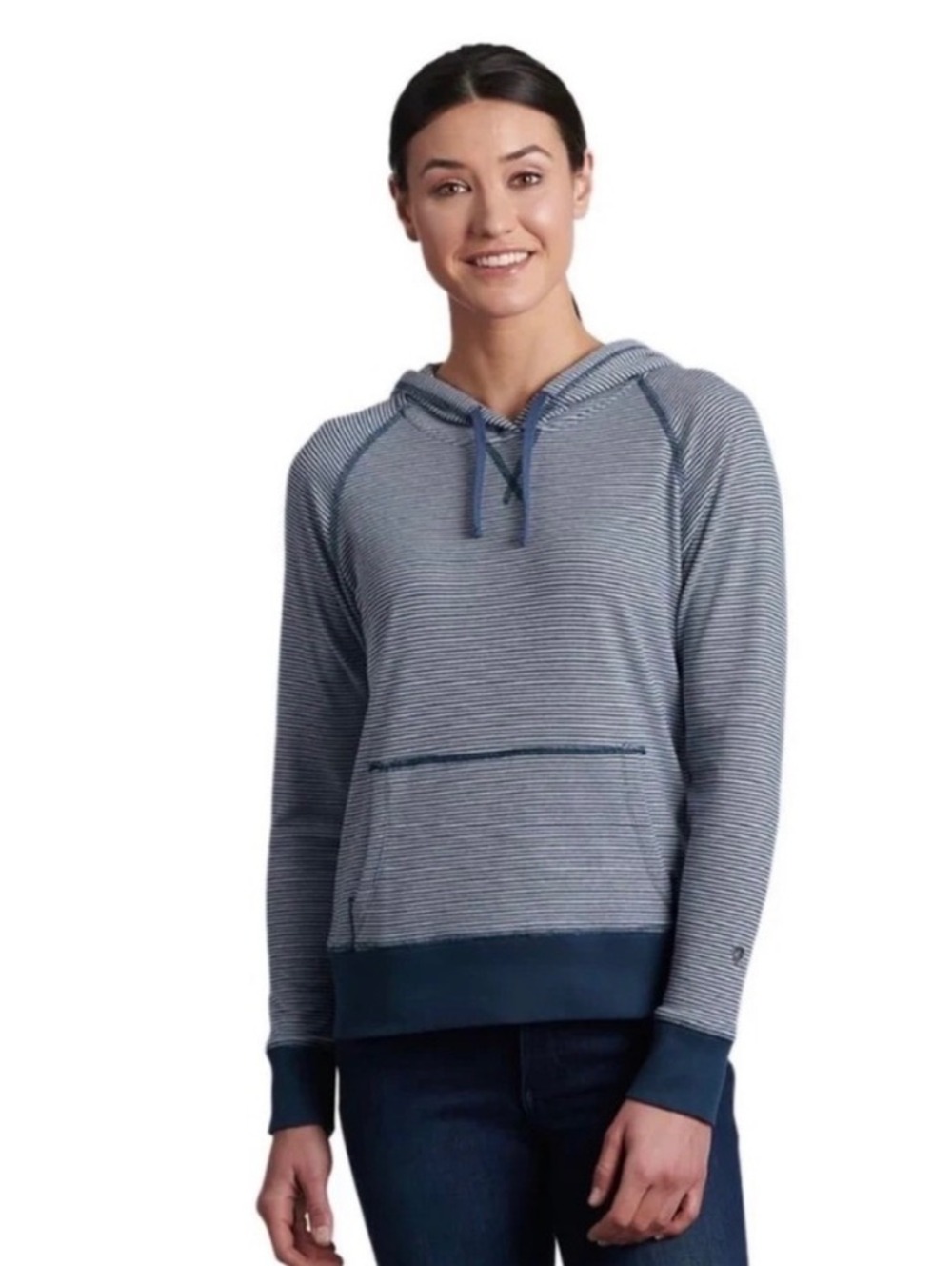 KUHL Lea Pullover Hoodie Gorpcore Striped Kangaroo Pocket Blue Cream Womens M